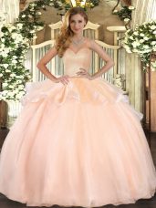 Peach Lace Up Sweetheart Beading and Ruffles Sweet 16 Quinceanera Dress Organza Sleeveless