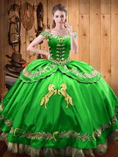 Spectacular Floor Length Green 15 Quinceanera Dress Off The Shoulder Sleeveless Lace Up