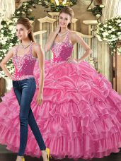 Hot Pink Straps Lace Up Beading and Ruffles and Pick Ups Vestidos de Quinceanera Sleeveless