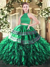 Dark Green Ball Gowns Satin and Organza Halter Top Sleeveless Beading and Embroidery and Ruffles Floor Length Backless Ball Gown Prom Dress