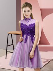 Dazzling Knee Length Lace Up Wedding Guest Dresses Lilac for Prom and Party and Wedding Party with Appliques