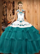 Teal Lace Up Halter Top Embroidery and Ruffled Layers Quinceanera Gowns Organza Sleeveless Sweep Train