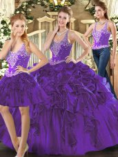 Sweet Purple Sleeveless Tulle Lace Up Quinceanera Dresses for Military Ball and Sweet 16 and Quinceanera