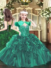 Classical Organza Straps Sleeveless Lace Up Beading and Ruffles Party Dresses in Dark Green