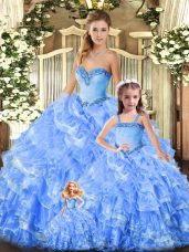Fabulous Baby Blue Lace Up Sweetheart Beading and Ruffles Quinceanera Gown Organza Sleeveless