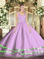 Discount Floor Length Zipper Quinceanera Gown Lavender for Military Ball and Sweet 16 and Quinceanera with Ruffled Layers