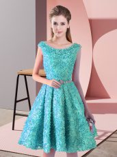 Nice Knee Length Lace Up Party Dress Aqua Blue for Prom and Party with Belt
