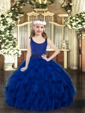 On Sale Royal Blue Ball Gowns Organza Scoop Sleeveless Beading and Ruffles Floor Length Zipper Little Girls Pageant Dress Wholesale