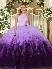 Lovely High-neck Sleeveless Quince Ball Gowns Floor Length Ruffles Multi-color Tulle