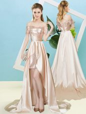 Charming Champagne Short Sleeves High Low Sequins Lace Up Prom Dress