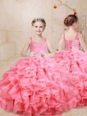 Latest Beading and Ruffles Kids Formal Wear Watermelon Red Lace Up Sleeveless Floor Length