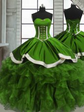Hot Sale Green Ball Gowns Organza Sweetheart Sleeveless Beading and Ruffles and Ruching Floor Length Lace Up Sweet 16 Dresses