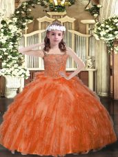 Fashion Orange Red Lace Up Straps Beading and Ruffles Child Pageant Dress Organza Sleeveless
