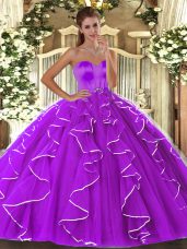 Delicate Floor Length Lace Up Quinceanera Dress Eggplant Purple for Military Ball and Sweet 16 and Quinceanera with Beading and Ruffles