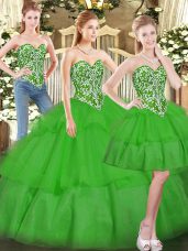 Colorful Sweetheart Sleeveless Quinceanera Dresses Floor Length Beading and Ruffled Layers Green Tulle