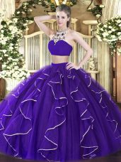 High-neck Sleeveless 15 Quinceanera Dress Floor Length Beading and Ruffles Purple Tulle