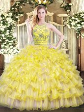 Fantastic Yellow Green Tulle Zipper Sweet 16 Quinceanera Dress Sleeveless Floor Length Beading and Ruffles