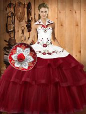 Pretty Satin and Organza Halter Top Sleeveless Sweep Train Lace Up Embroidery and Ruffled Layers Ball Gown Prom Dress in Wine Red