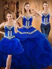 Graceful Blue Ball Gowns Sweetheart Sleeveless Satin and Organza Floor Length Lace Up Embroidery and Ruffles 15th Birthday Dress