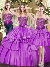 Strapless Sleeveless Tulle Vestidos de Quinceanera Beading and Ruffled Layers Lace Up