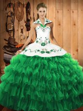 Discount Halter Top Long Sleeves Satin and Organza Quinceanera Dresses Embroidery and Ruffled Layers Lace Up