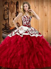 Edgy Sleeveless Satin and Organza Floor Length Lace Up 15 Quinceanera Dress in Wine Red with Embroidery and Ruffles
