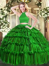 Floor Length Green 15th Birthday Dress Organza Sleeveless Beading and Ruffled Layers