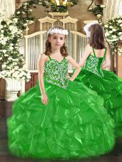 Fancy Green Organza Lace Up Little Girls Pageant Dress Sleeveless Floor Length Beading and Ruffles