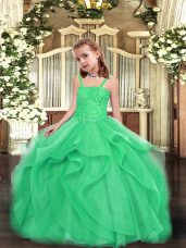 Custom Design Turquoise Straps Lace Up Beading and Ruffles Little Girls Pageant Gowns Sleeveless