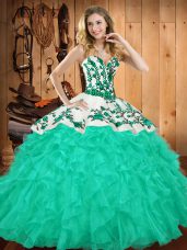 Sleeveless Satin and Organza Floor Length Lace Up Quince Ball Gowns in Turquoise with Embroidery and Ruffles