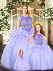 Lavender Ball Gowns Scoop Sleeveless Tulle Floor Length Lace Up Beading Sweet 16 Dresses