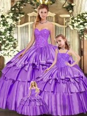 Sweetheart Sleeveless Quinceanera Gowns Floor Length Beading and Ruffled Layers Eggplant Purple Organza
