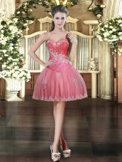 Modern Coral Red Ball Gowns Tulle Sweetheart Sleeveless Beading and Appliques Mini Length Lace Up Prom Dresses