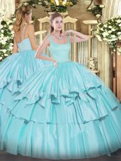 Aqua Blue Organza and Taffeta Zipper Sweet 16 Dress Sleeveless Floor Length Beading and Ruffled Layers