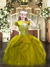 Fantastic Olive Green Ball Gowns Beading and Ruffles Pageant Dress for Teens Lace Up Tulle Sleeveless Floor Length