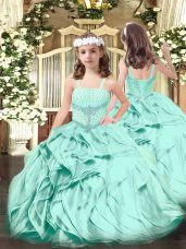 Latest Floor Length Lace Up Little Girl Pageant Dress Apple Green for Party and Quinceanera with Beading and Ruffles