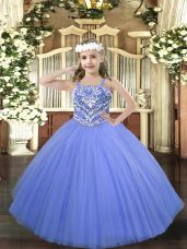 Blue Ball Gowns Beading Kids Formal Wear Lace Up Tulle Sleeveless Floor Length