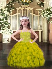 Excellent Sleeveless Organza Floor Length Lace Up Little Girls Pageant Gowns in Olive Green with Beading and Ruffles
