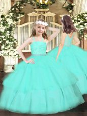 Inexpensive Apple Green Sleeveless Beading and Lace and Ruffled Layers Floor Length Pageant Dress Womens