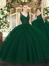 Discount Dark Green Ball Gowns Beading 15th Birthday Dress Zipper Tulle and Sequined Sleeveless Floor Length