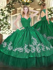 Noble Dark Green Ball Gowns Taffeta V-neck Sleeveless Beading and Appliques Floor Length Zipper Sweet 16 Dresses