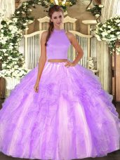 Pretty Lavender Sleeveless Floor Length Beading and Ruffles Backless Quinceanera Gown