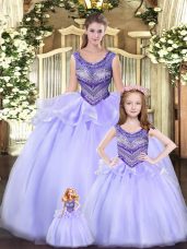 Super Lavender Quinceanera Gown Military Ball and Sweet 16 and Quinceanera with Beading and Ruching Scoop Sleeveless Lace Up