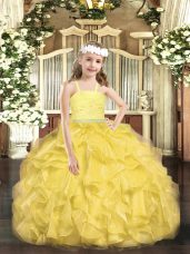 Custom Design Sleeveless Organza Floor Length Zipper High School Pageant Dress in Gold with Beading and Lace and Ruffles