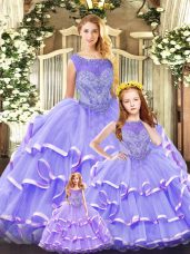 Eye-catching Lavender Lace Up Quinceanera Gown Beading and Ruffled Layers Sleeveless Floor Length
