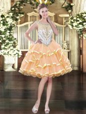 Peach Sleeveless Mini Length Beading and Ruffled Layers Zipper Evening Dress