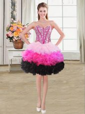 Great Multi-color Ball Gowns Sweetheart Sleeveless Organza Mini Length Lace Up Beading and Ruffles Evening Dress