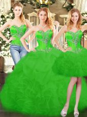 Sleeveless Organza Floor Length Lace Up Quince Ball Gowns in Green with Ruffles and Bowknot