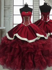 Sophisticated Red Organza Lace Up 15 Quinceanera Dress Sleeveless Floor Length Beading and Ruffles