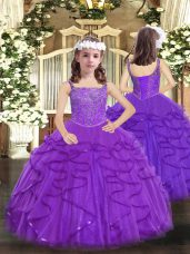 Exquisite Purple Sleeveless Floor Length Beading and Ruffles Lace Up Winning Pageant Gowns